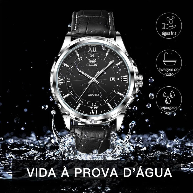 Relógio Masculino Preto Couro Luminoso Quartzo 6003