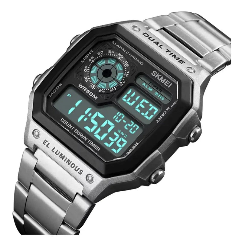 Relógio Masculino Skmei 1335 Retrô Digital Esporte Prata Nf