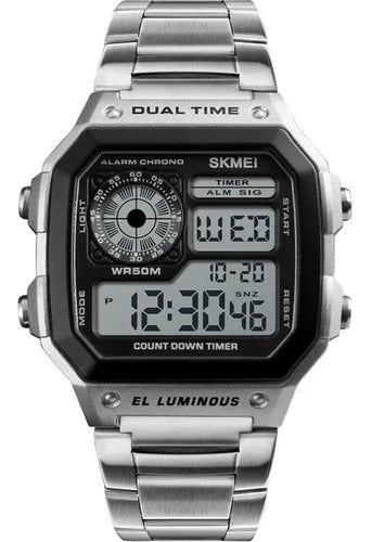Relógio Masculino Skmei 1335 Retrô Digital Esporte Prata Nf