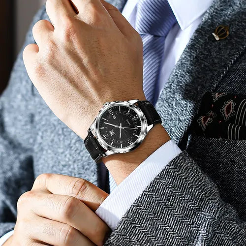 Relógio Masculino Preto Couro Luminoso Quartzo 6003