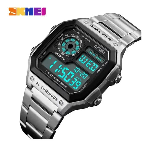 Relógio Masculino Skmei 1335 Retrô Digital Esporte Prata Nf